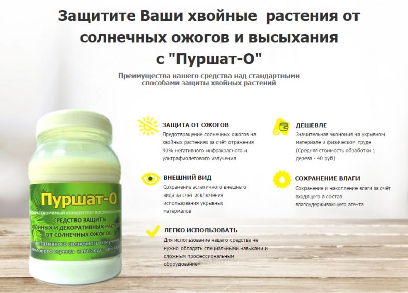 Препарат «Пуршат-О» для защиты хвойных растений от высыхания и солнечных ожогов